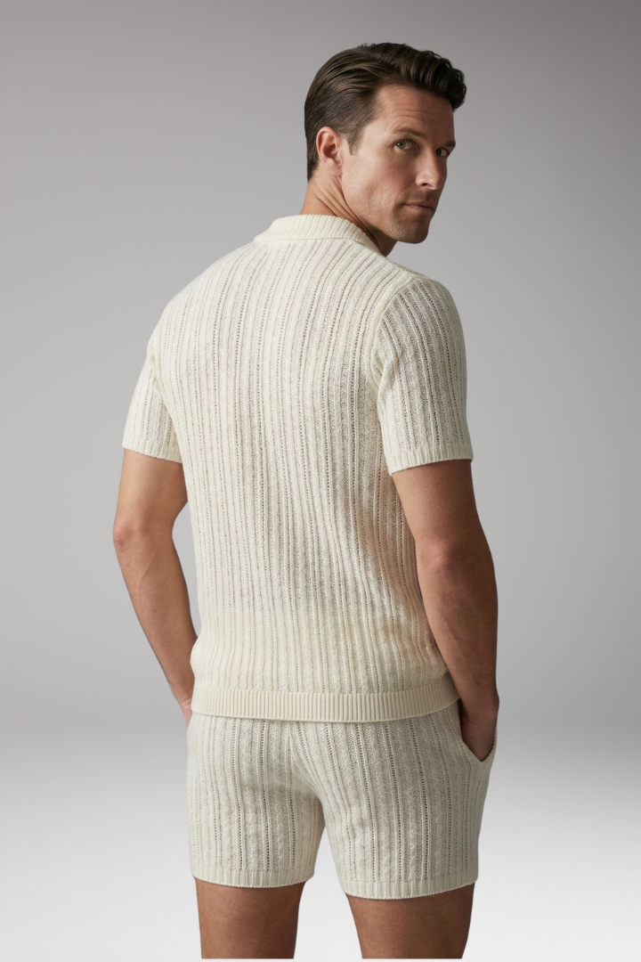 Men's Knit Set with Button-Up Top and Ribbed Surface Pattern