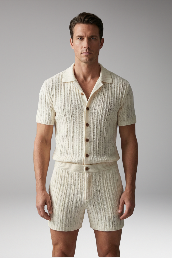 Men's Knit Set with Button-Up Top and Ribbed Surface Pattern