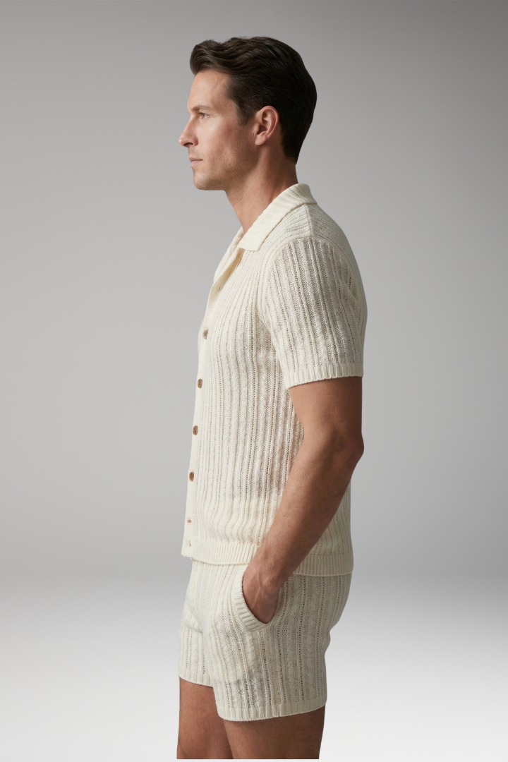 Men's Knit Set with Button-Up Top and Ribbed Surface Pattern