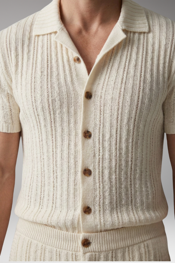 Men's Knit Set with Button-Up Top and Ribbed Surface Pattern