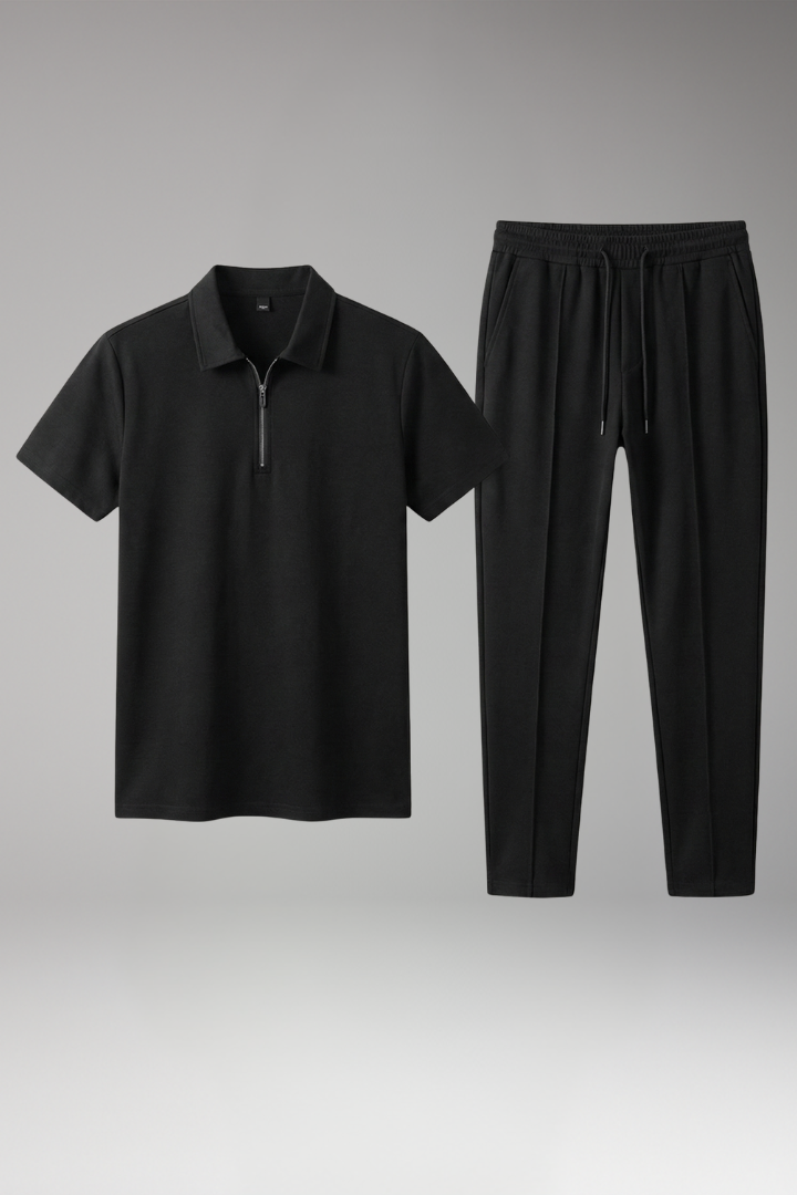 Men's Leisure Suit with Zip-Up Polo Shirt and Relaxed Fit Trousers