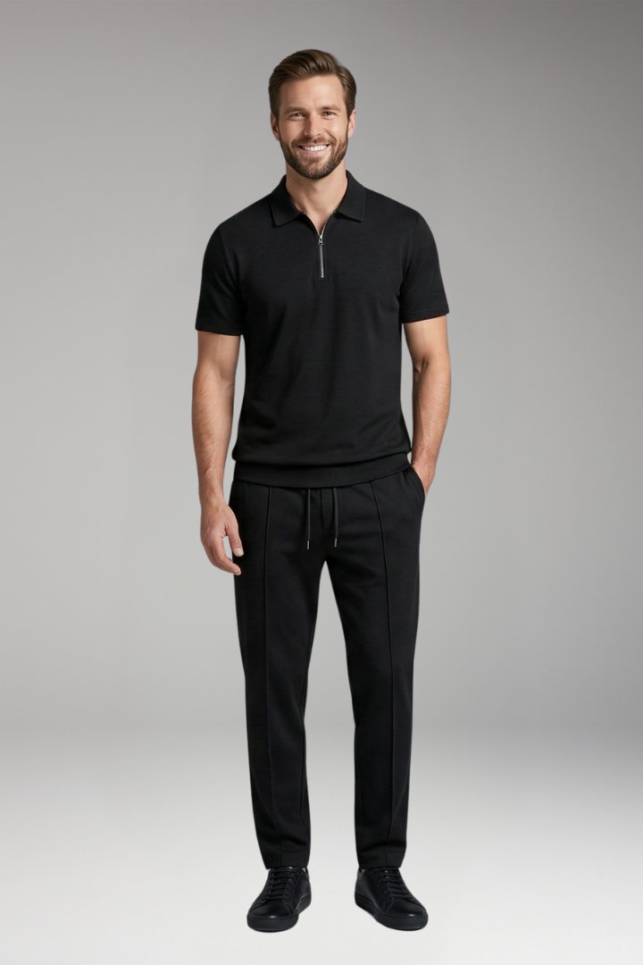 Men's Leisure Suit with Zip-Up Polo Shirt and Relaxed Fit Trousers