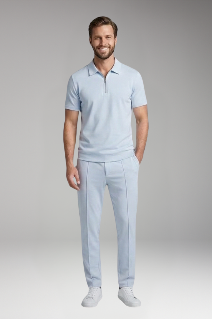 Men's Leisure Suit with Zip-Up Polo Shirt and Relaxed Fit Trousers