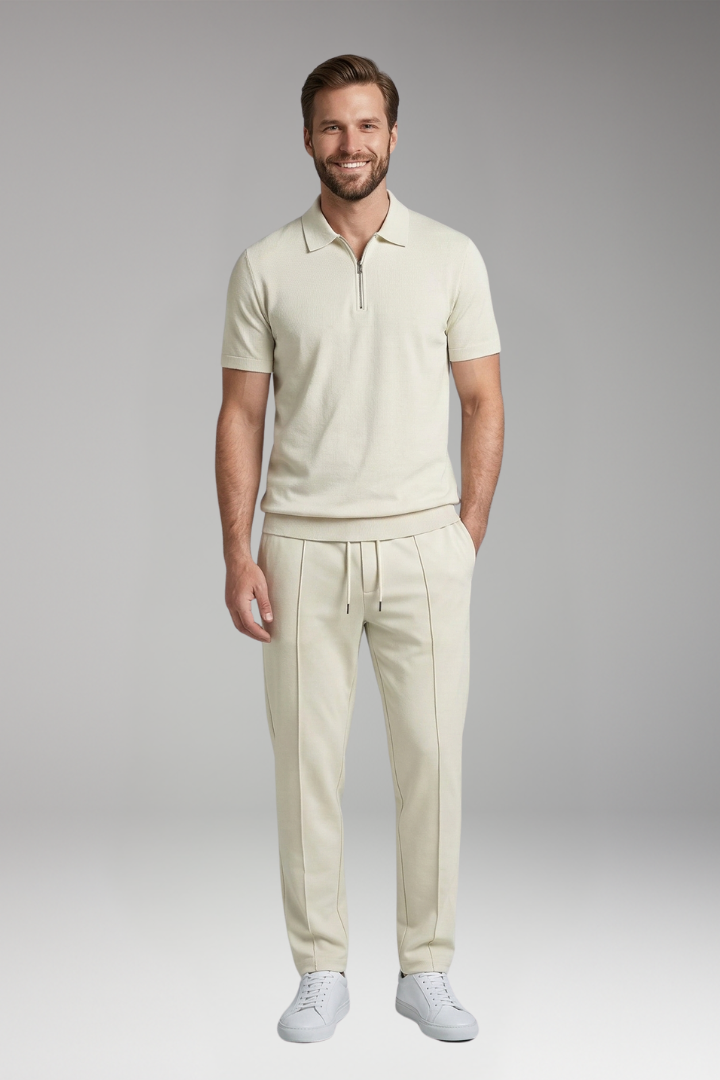 Men's Leisure Suit with Zip-Up Polo Shirt and Relaxed Fit Trousers