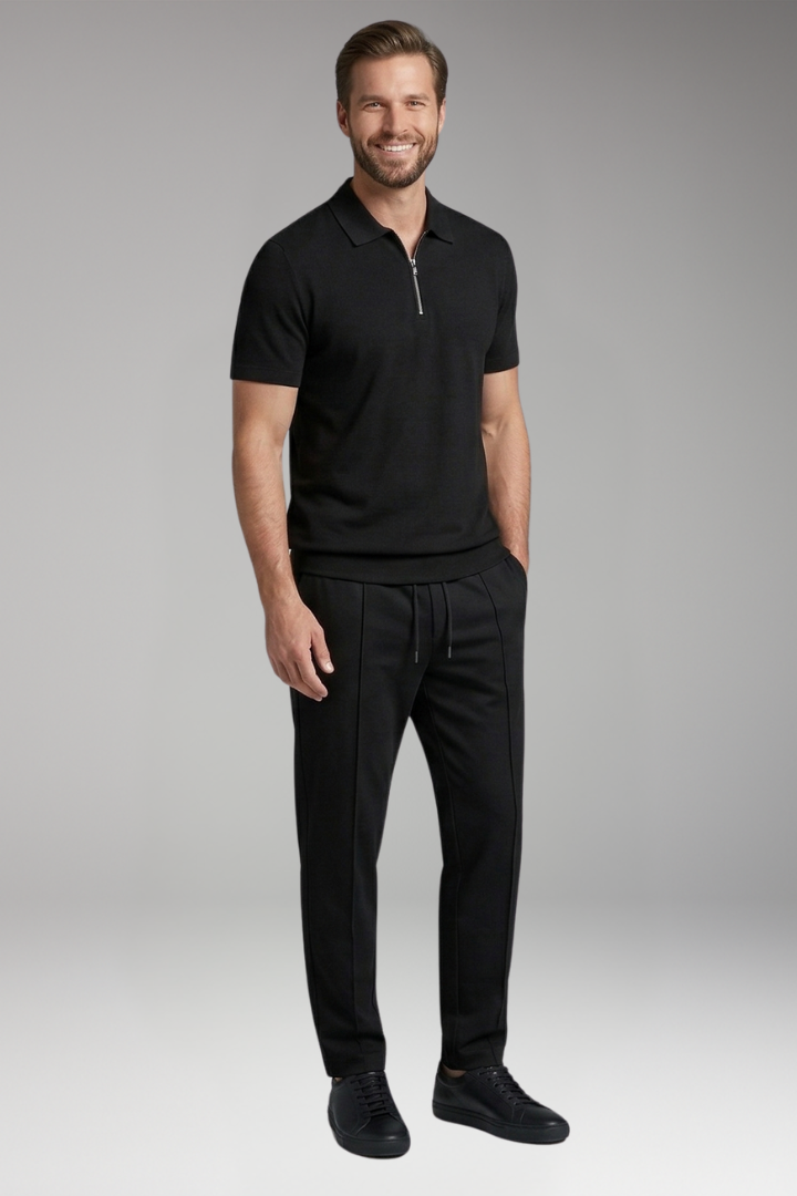 Men's Leisure Suit with Zip-Up Polo Shirt and Relaxed Fit Trousers