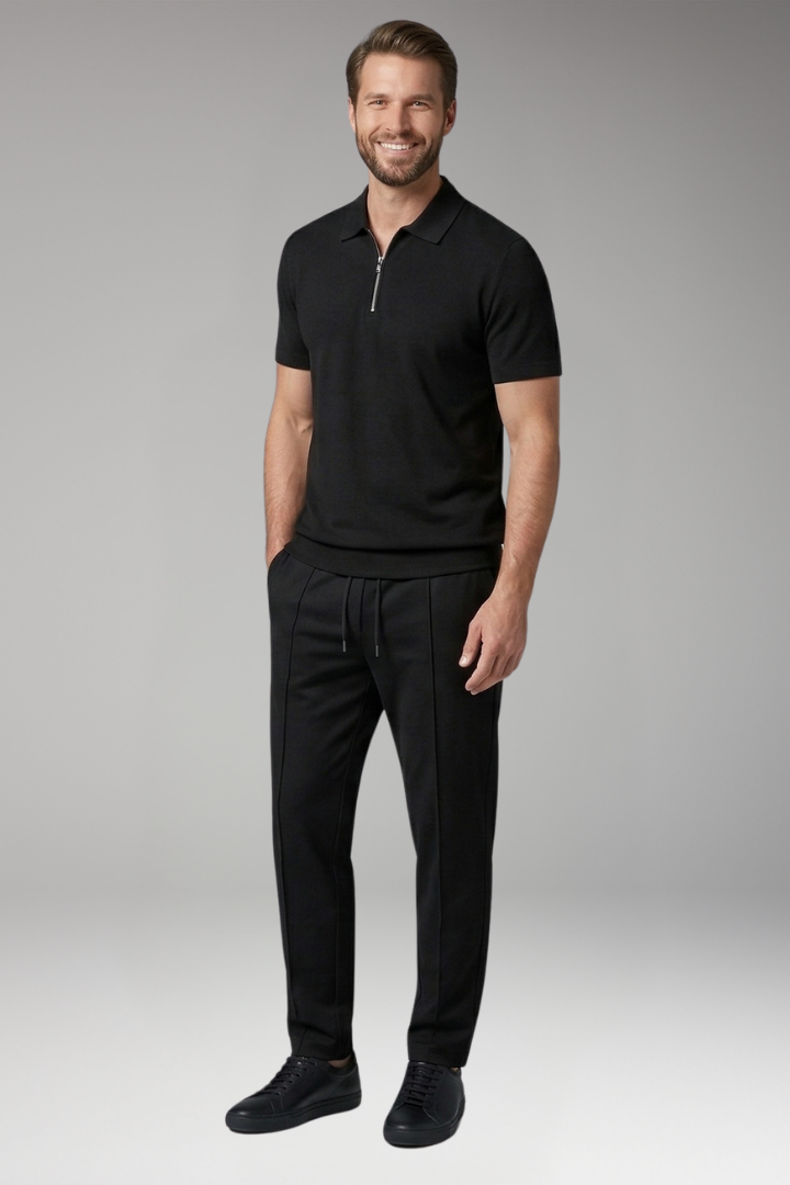 Men's Leisure Suit with Zip-Up Polo Shirt and Relaxed Fit Trousers