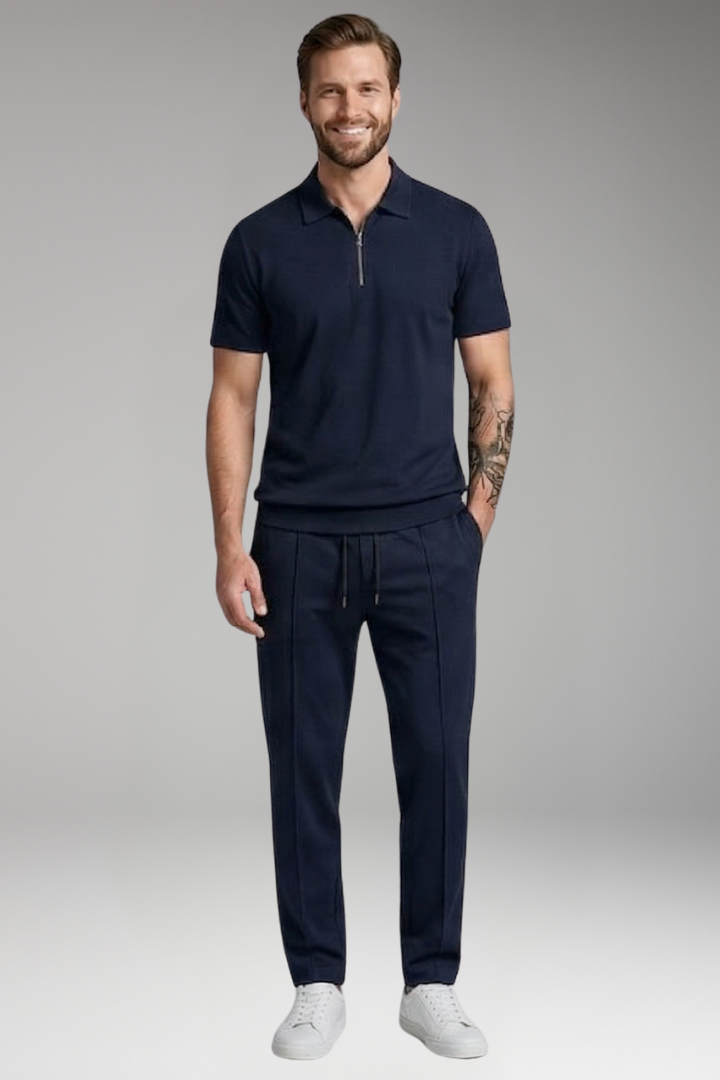 Men's Leisure Suit with Zip-Up Polo Shirt and Relaxed Fit Trousers