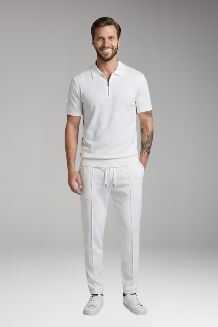 Men's Leisure Suit with Zip-Up Polo Shirt and Relaxed Fit Trousers
