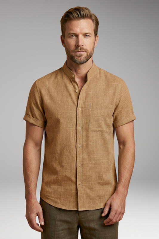 Men's Linen Shirt with Stand-Up Collar and Rolled Sleeves