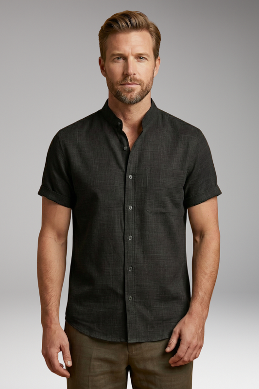 Men's Linen Shirt with Stand-Up Collar and Rolled Sleeves