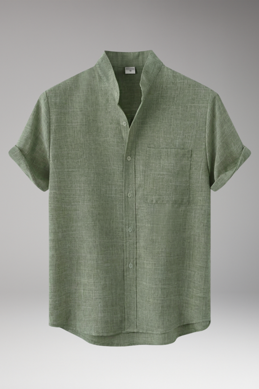 Men's Linen Shirt with Stand-Up Collar and Rolled Sleeves