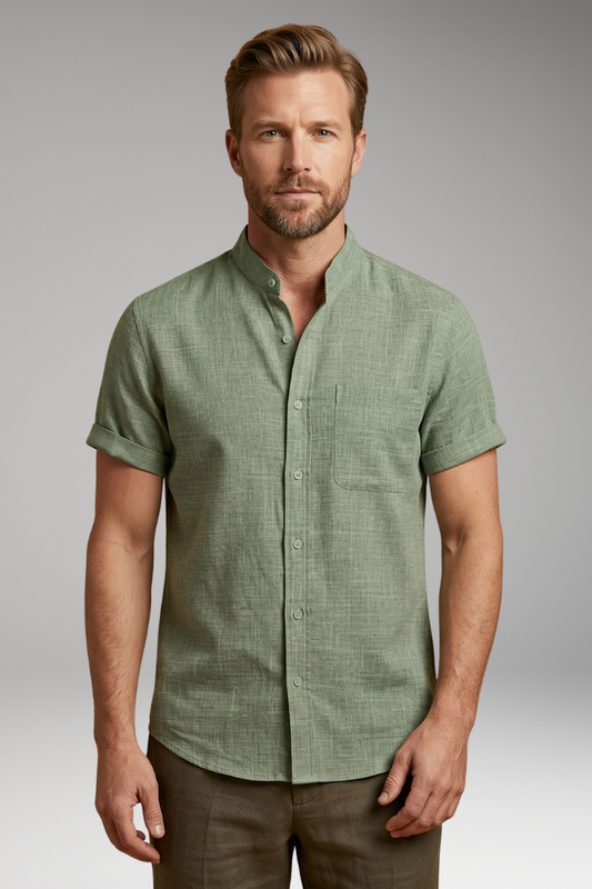 Men's Linen Shirt with Stand-Up Collar and Rolled Sleeves