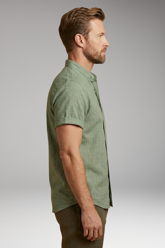 Men's Linen Shirt with Stand-Up Collar and Rolled Sleeves