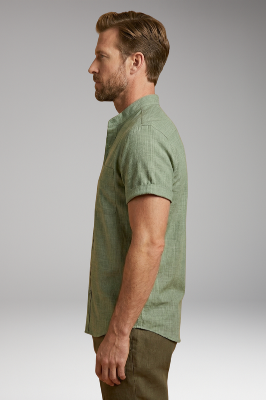 Men's Linen Shirt with Stand-Up Collar and Rolled Sleeves