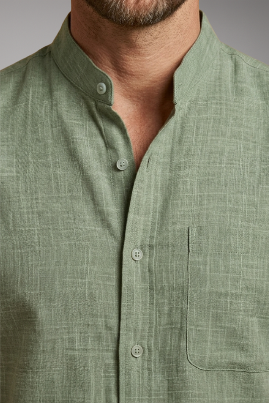 Men's Linen Shirt with Stand-Up Collar and Rolled Sleeves