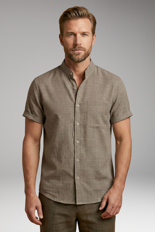 Men's Linen Shirt with Stand-Up Collar and Rolled Sleeves