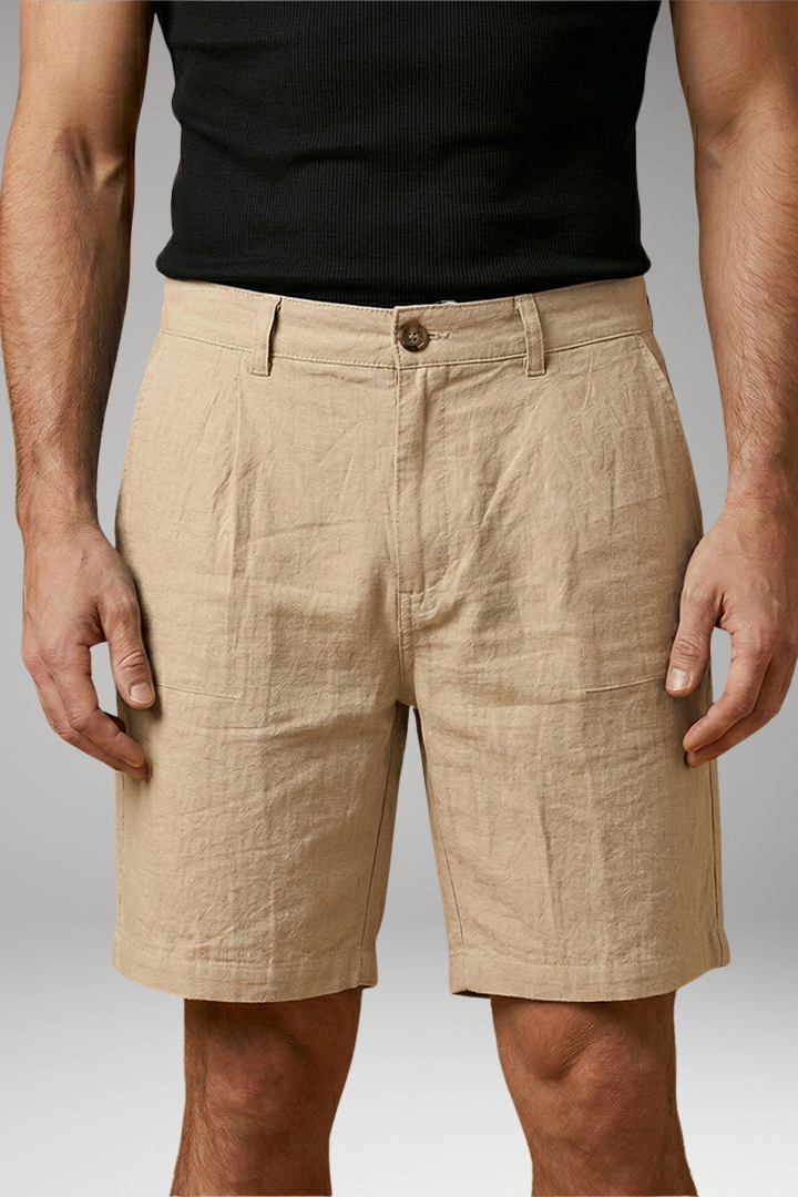 Men's Linen Shorts with Button and Zipper Fastening