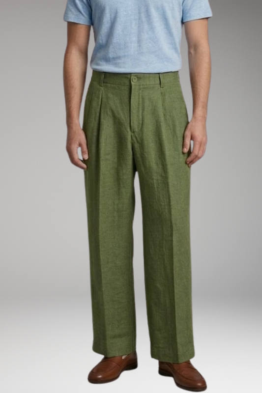 Men's Linen Trousers with Wide Legs and Pleated Detailing