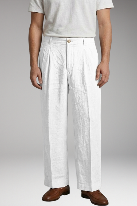 Men's Linen Trousers with Wide Legs and Pleated Detailing
