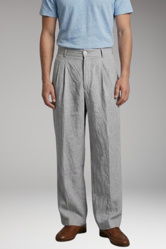 Men's Linen Trousers with Wide Legs and Pleated Detailing