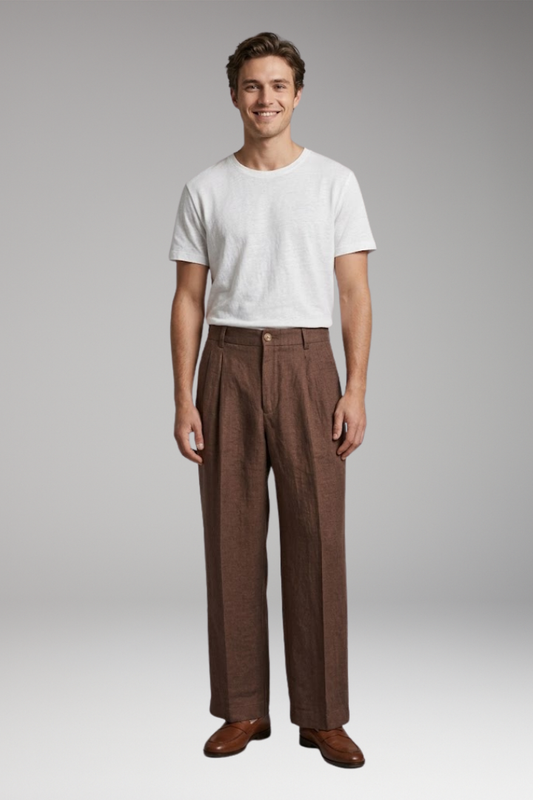 Men's Linen Trousers with Wide Legs and Pleated Detailing