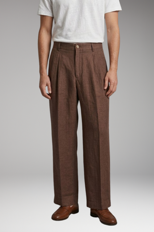 Men's Linen Trousers with Wide Legs and Pleated Detailing
