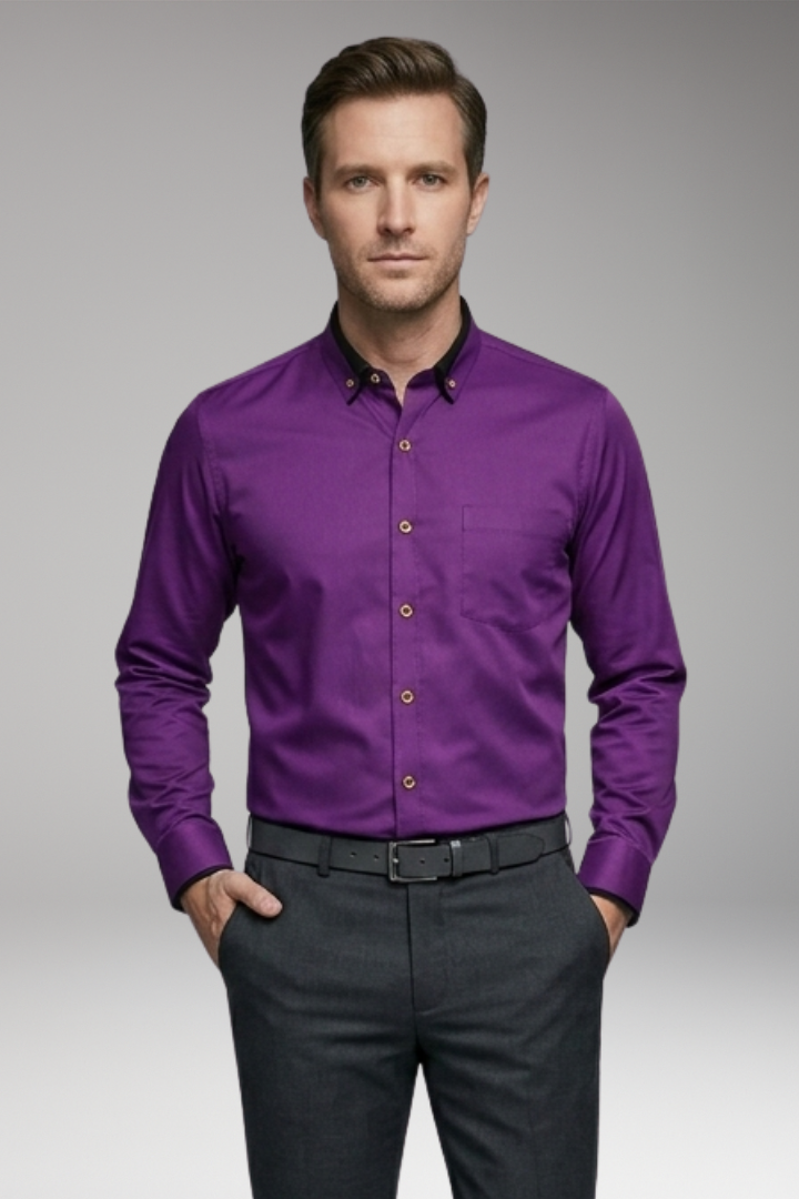 Men's Long-Sleeved Collared Shirt with Adjustable Button Placket