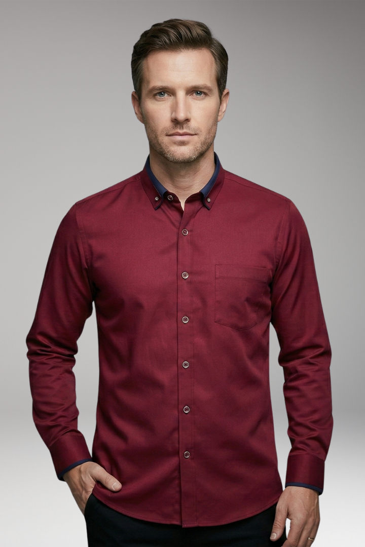 Men's Long-Sleeved Collared Shirt with Adjustable Button Placket