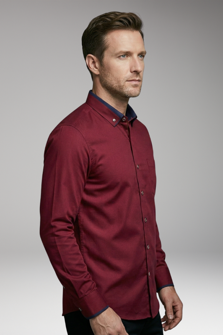 Men's Long-Sleeved Collared Shirt with Adjustable Button Placket