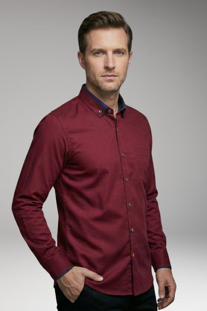 Men's Long-Sleeved Collared Shirt with Adjustable Button Placket
