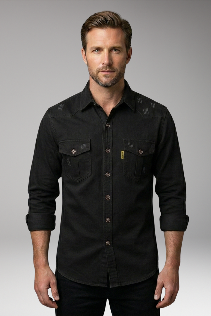 Men's Long-Sleeved Shirt with Chest Pockets and Button Placket