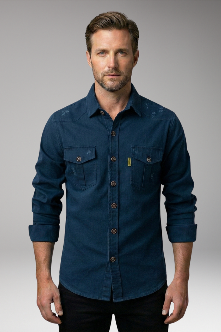 Men's Long-Sleeved Shirt with Chest Pockets and Button Placket