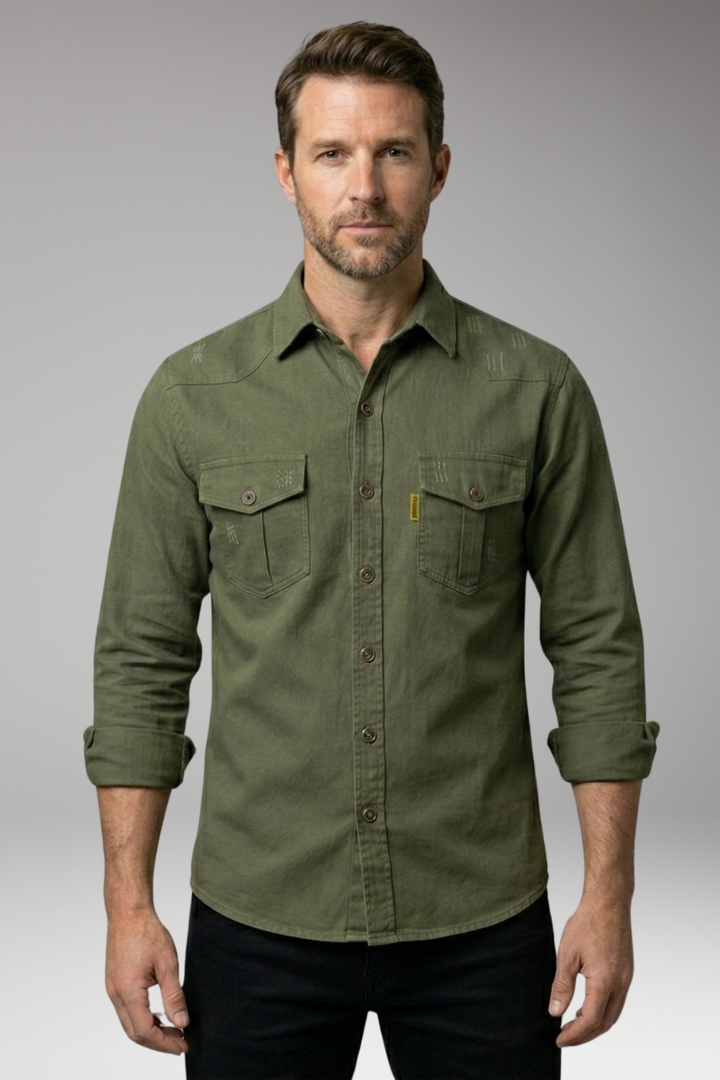 Men's Long-Sleeved Shirt with Chest Pockets and Button Placket