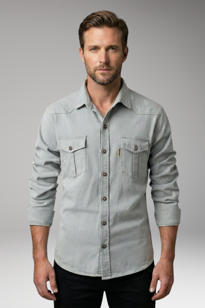 Men's Long-Sleeved Shirt with Chest Pockets and Button Placket