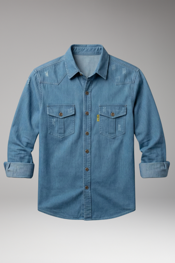Men's Long-Sleeved Shirt with Chest Pockets and Button Placket