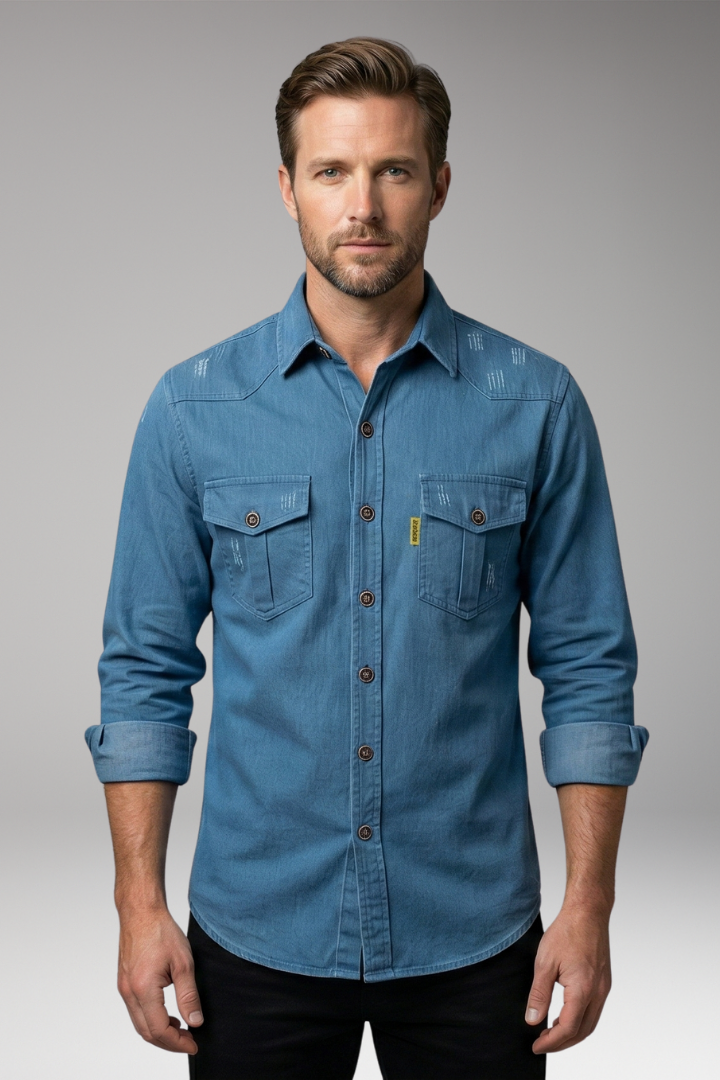 Men's Long-Sleeved Shirt with Chest Pockets and Button Placket