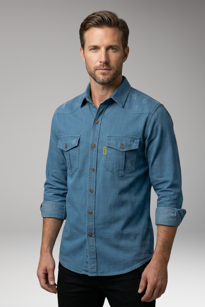 Men's Long-Sleeved Shirt with Chest Pockets and Button Placket
