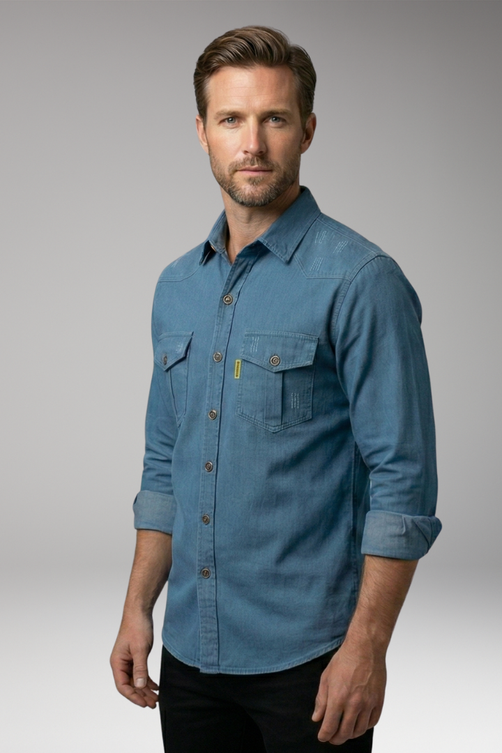 Men's Long-Sleeved Shirt with Chest Pockets and Button Placket