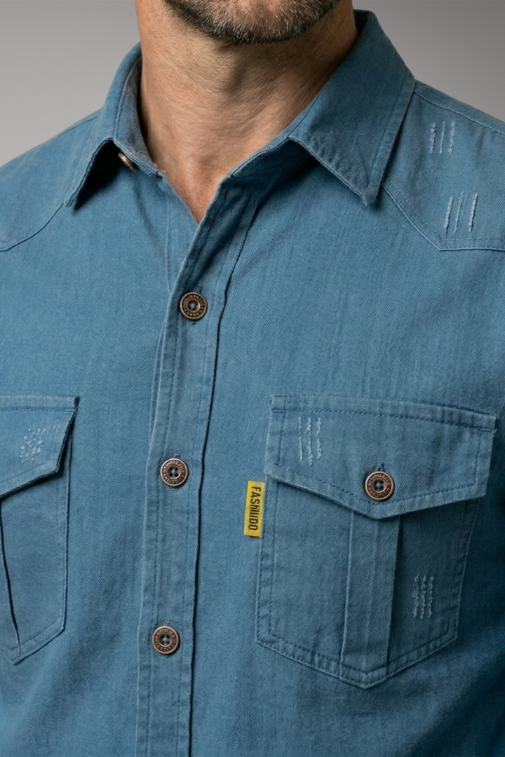 Men's Long-Sleeved Shirt with Chest Pockets and Button Placket