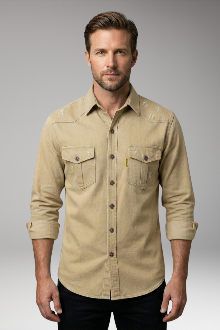 Men's Long-Sleeved Shirt with Chest Pockets and Button Placket