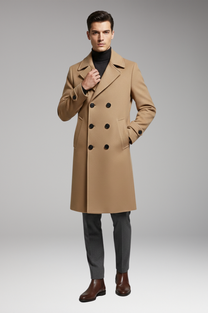Men’s Long Coat with Notched Collar and Dual-Row Front Fastening