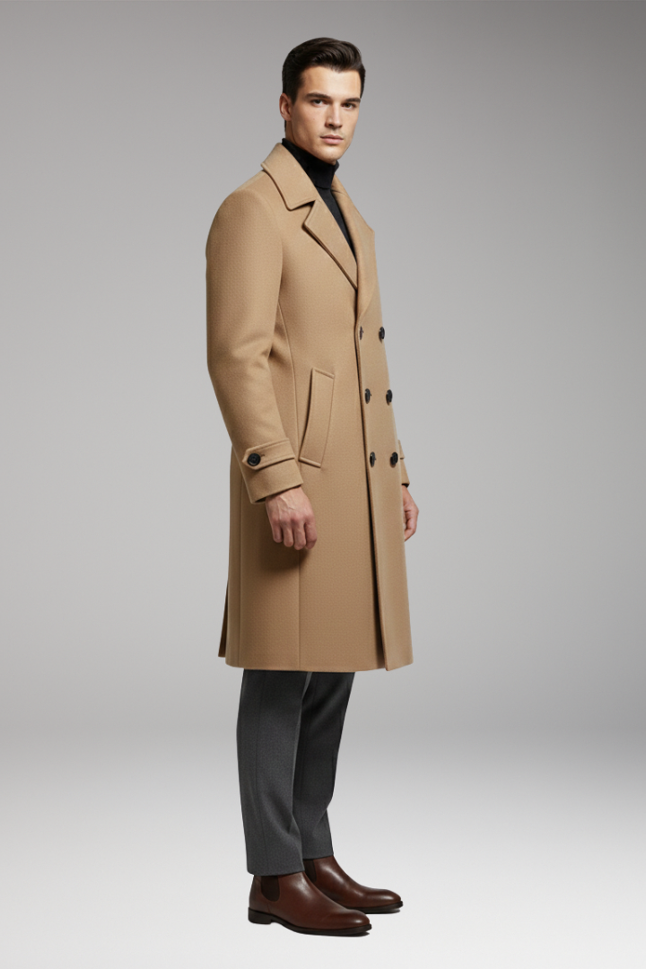 Men’s Long Coat with Notched Collar and Dual-Row Front Fastening