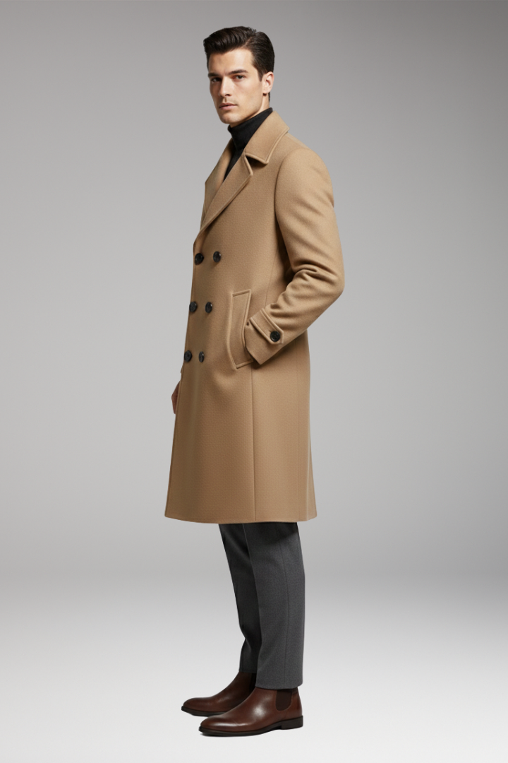 Men’s Long Coat with Notched Collar and Dual-Row Front Fastening