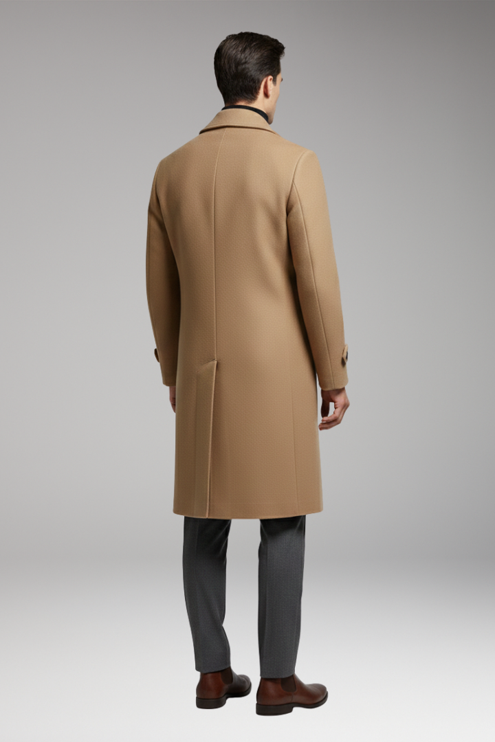Men’s Long Coat with Notched Collar and Dual-Row Front Fastening