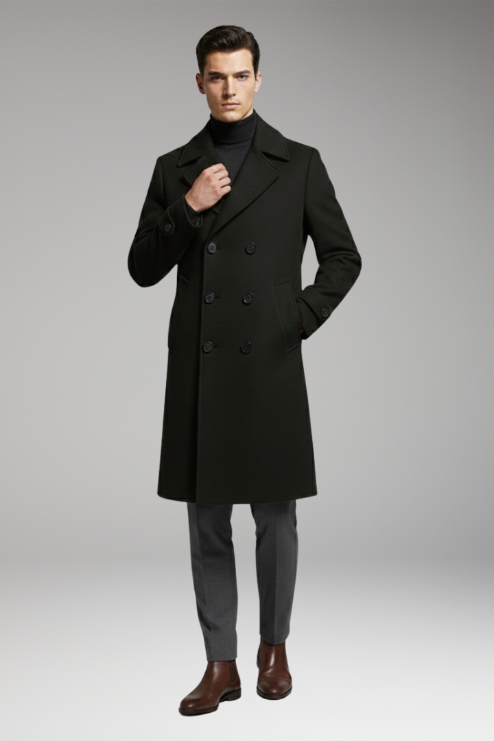 Men’s Long Coat with Notched Collar and Dual-Row Front Fastening