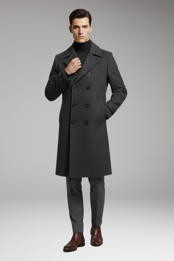 Men’s Long Coat with Notched Collar and Dual-Row Front Fastening