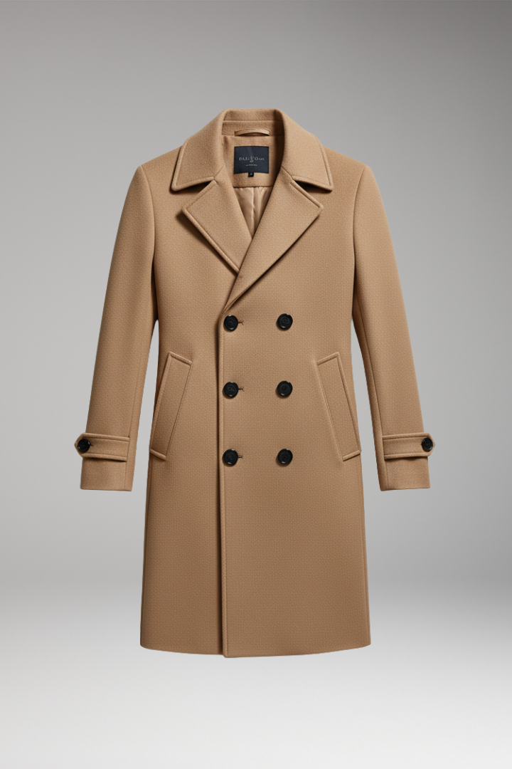 Men’s Long Coat with Notched Collar and Dual-Row Front Fastening