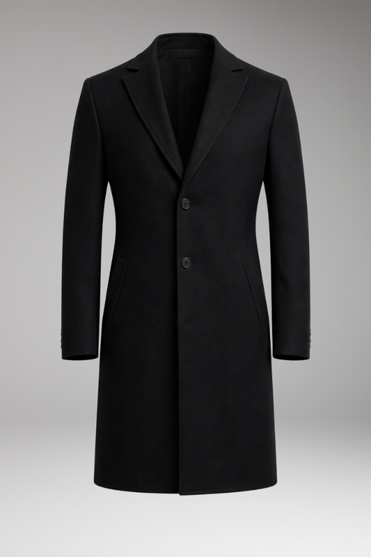 Men’s Long Coat with Notched Collar and Side Pockets