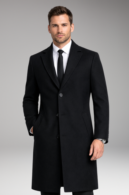 Men’s Long Coat with Notched Collar and Side Pockets