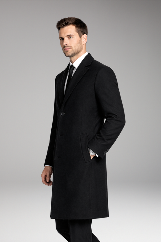 Men’s Long Coat with Notched Collar and Side Pockets